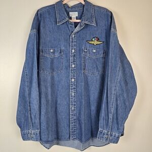 Vtg Arizona Indianapolis Speedway Denim Shirt‎ 2XL Blue Cotton Button.D32